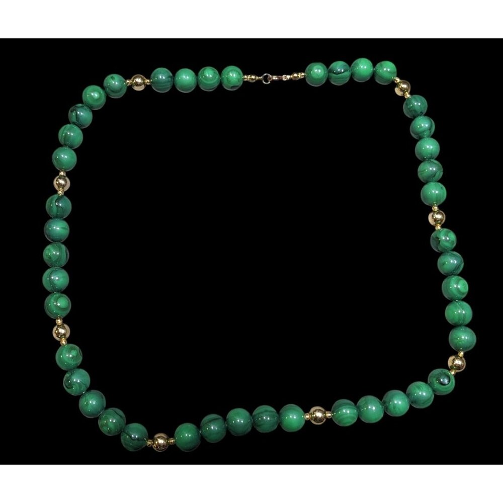 Faux Malachite Green And Gold Tone Beaded Necklace